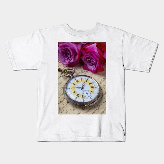 Old Pocket Watch And Red Purple Roses Kids T-Shirt by photogarry